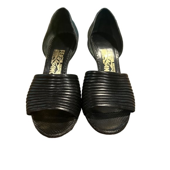 Salvatore Ferragamo D'Orsay Black Heels Pumps Open Toe Reptile Print Leather Sz - Picture 2 of 7